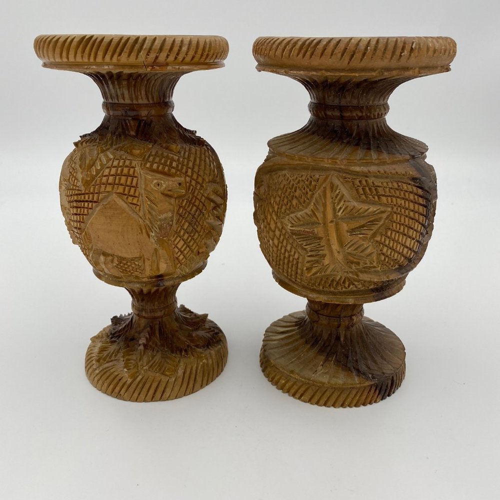 Lot of 2 Vintage Hand Carved Olive Wood Vase Camel Palm Tree Animal Plant Israel - Picture 3 of 9
